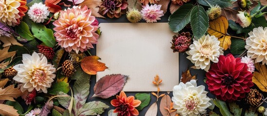 Nature theme flat lay featuring an artistic arrangement of flowers, leaves, and a paper card note.