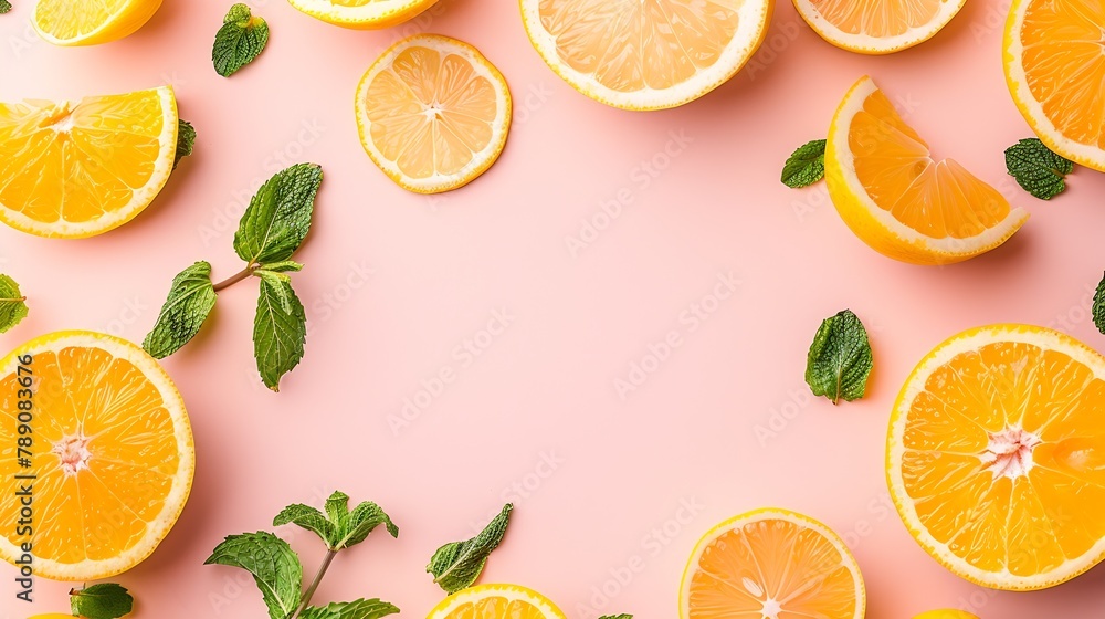 Aufkleber Citrus slices and mint herbs frame on retro pastel pink background with copyspace from above Top view of lemon and orange frame design banner : Generative AI