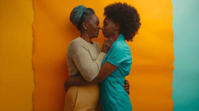 A moving depiction of generational connection, this image captures a warm embrace between an elder and a healthcare professional, set against a bright, split toned background.
