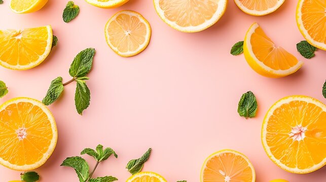 Citrus slices and mint herbs frame on retro pastel pink background with copyspace from above Top view of lemon and orange frame design banner : Generative AI
