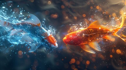 Create an image of two vibrant, jumping koi fish dissolving into glowing particles, with a bright, colorful, translucent effect and optical flares. Close-up view. - obrazy, fototapety, plakaty