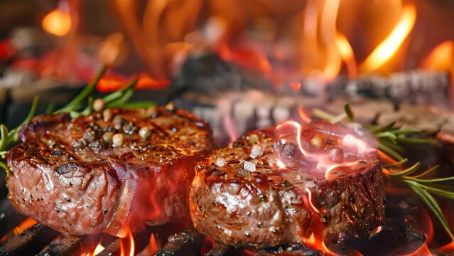 Grilled beef steak with rosemary and salt with flames in slow motion
