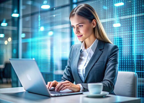A young beautiful girl in a suit is working on a laptop in an office with digital codes on a virtual screen. Digital technologies of the future. Software development.