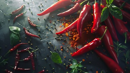 Flat lay composition with chili peppers and spices close up : Generative AI