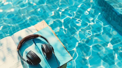 Book and headphones near swimming pool Summer vacation Flat lay with copy space : Generative AI - Powered by Adobe