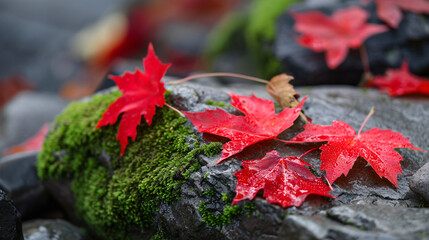Red maple leaves on stone moss