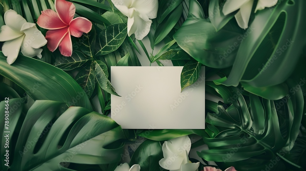 Poster creative layout made of flowers and leaves with paper card note flat lay nature concept : generative