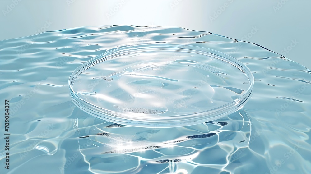 Poster empty clear glass circle podium on blue transparent calm water texture with waves in sunlight abstra
