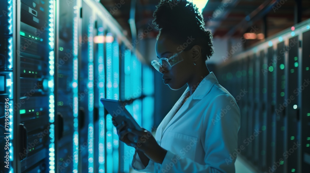 Aufkleber The data security expert is actively improving her programming skills, developing new software products to prevent cyberattacks and ensure reliable storage of information in the cloud environment
