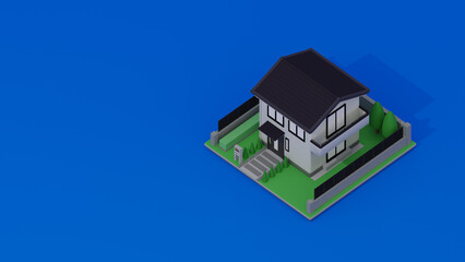 庭付き白い家の住宅模型のアイソメトリック風3DCGイラストレーション	
