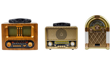 collection of stylish retro radio player stands isolated on white background
