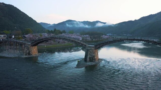 Iwakuni on Spring Morning, Kintaikyo Arched Bridge Pan Shot 4k