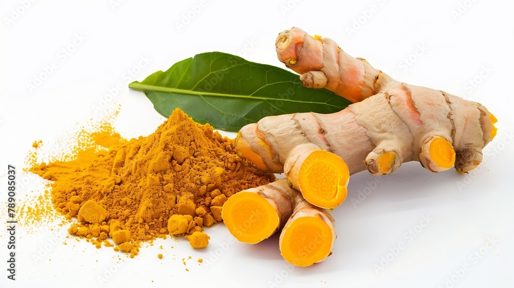 Aufkleber Tumeric root with green leaf and turmeric powder isolated on white background Top view Flat lay : Generative AI