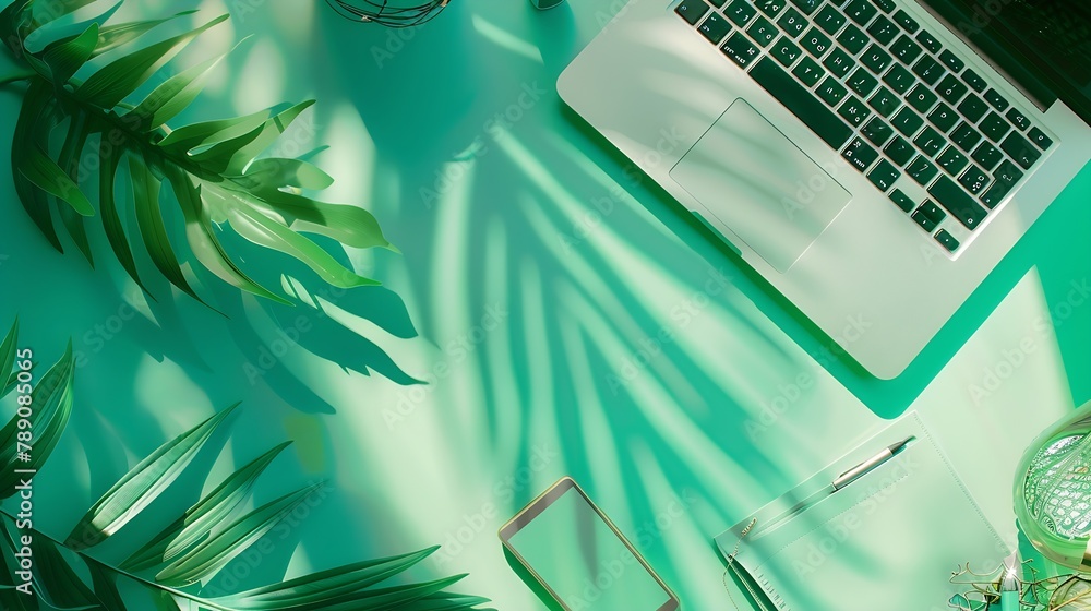 Aufkleber home office workspace with laptop palm leaf notebook and accessories flat lay top view : generative 
