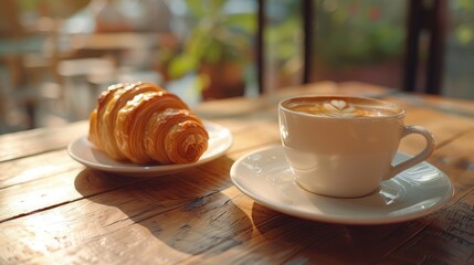 Freshly baked croissant beside a cup of cappuccino