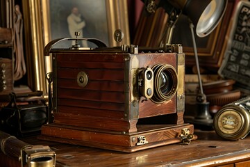 : An antique camera with a bellows and brass fittings,