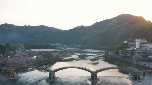 Flying over Iwakuni Kintaikyo Bridge in the morning, Beauty in Spring Japan