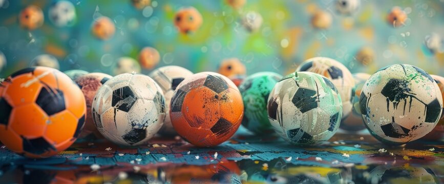 sport games soccer balls football, fine art photography, hyperrealistic, ultra-detailed, bright pastel colours, cinematic lighting and shadows