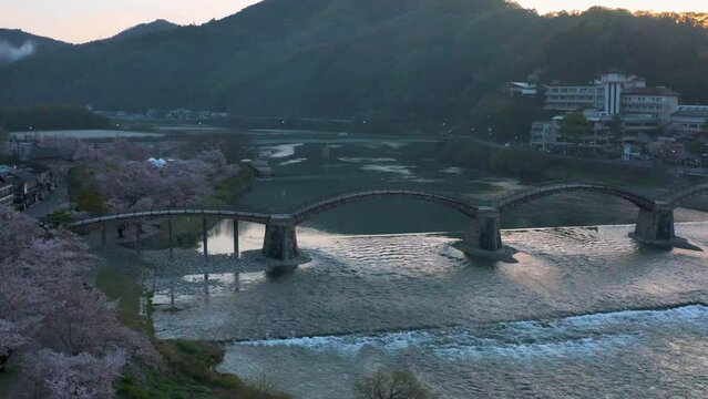 Japan, Iwakuni Kintaikyo Bridge, Dawn Scene over Landscape