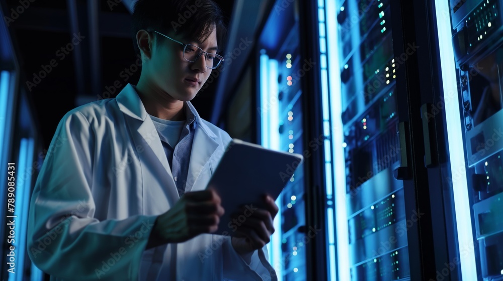 Poster Male engineer in data center studying the status of servers and network while using his tablet to monitor and analyze data. A man of Chinese nationality