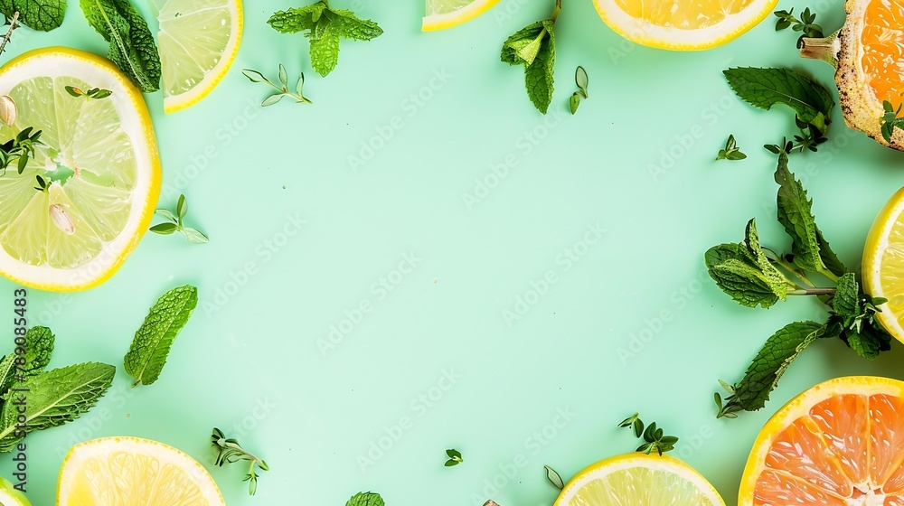 Poster Citrus slices and mint herbs frame on retro mint pastel background with copyspace from above Top view of lemon and orange refreshment Summer fruit smoothie minimal banner design : Generative AI