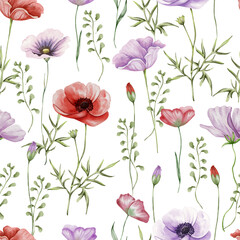 Floral seamless pattern with wildflowers and herbs. Watercolor illustration blossoming meadow background. red poppy flower