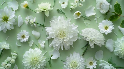 Close up on green background of white flowers mix of daisy chrysanthemum elder white rose and some small leaf Fresh spring season flat lay : Generative AI