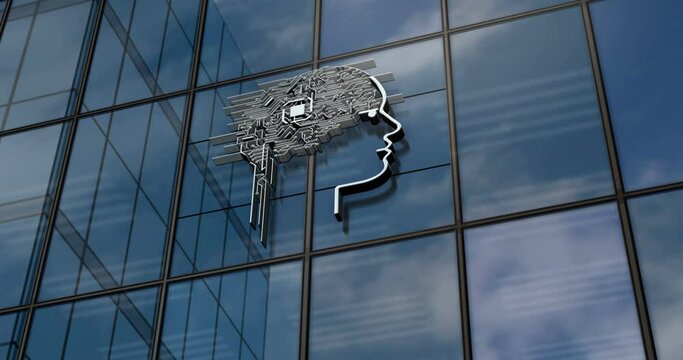 Artificial Intelligence glass building concept. AI head symbol on front facade 3d.