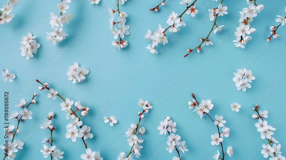 Poster Beautiful Turquoise blue background with spring cherry blossom branches top view flat lay frame Creative springtime layout banner or template : Generative AI
