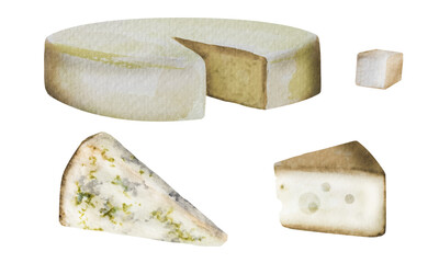 Watercolor illustration of pieces of cheese of different varieties. Pieces of delicious cheese. Template for your design.