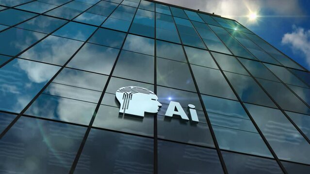 Artificial Intelligence glass building looping time lapse concept. AI head symbol on facade 3d seamless loopable.