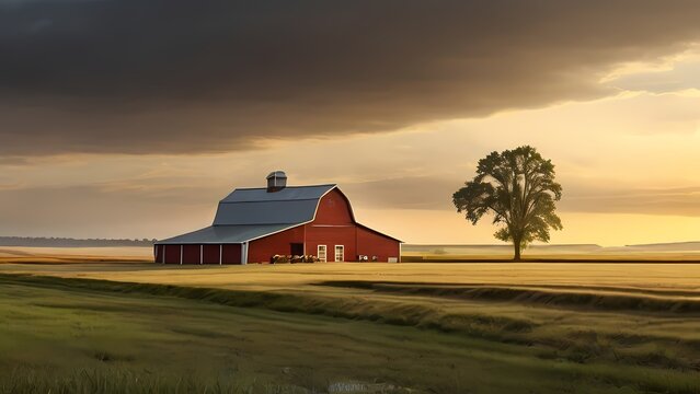Modern farmland, Agricultural landscapes that include pastures, cornfields, Cottage and cattle ranches, digital painting