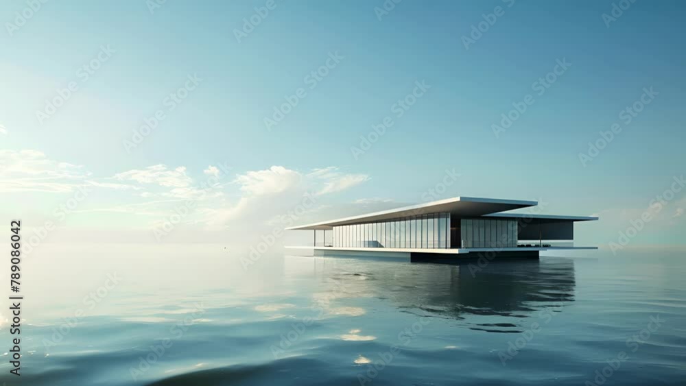 Poster a minimalist floating stadium featuring sleek design elements and a sleek modern silhouette blending