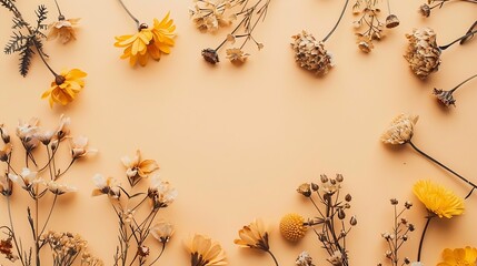 Obraz na płótnie Canvas Autumn fall concept Minimal aesthetic autumn top view with dry flowers on pastel beige background nature autumnal decor floral still life minimal flat lay pattern of natural forest flo : Generative AI