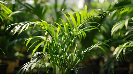 Close up leaves of Bamboo palm Chamaedorea seifrizii Houseplants in pots for sale in a flower shop...