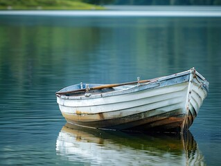 Obraz premium Lakeside Tranquility Redux: Sunlit Boat Drifting Under Azure Skies