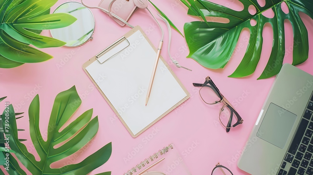 Poster office table desk with computer green leaves palm clipboard magazines social media top view flat lay