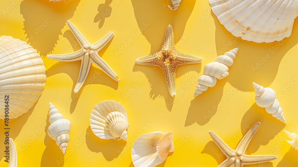 Poster summer time concept flat lay composition with beautiful starfish and sea shells on colored table top