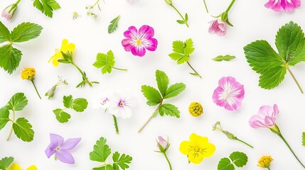 Natural spring wildflowers with green leaves flat lay on white background Spring floral pattern delicate primrose flowers mother day easter wedding background : Generative AI