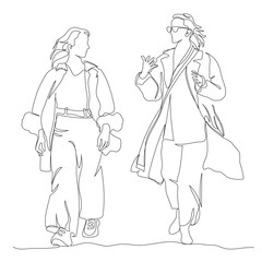 2 women talking and walking. Wear jacket and coat. Continuous line drawing. Black and white vector illustration in line art style.