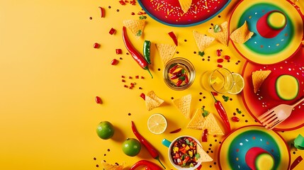 Cinco de Mayo celebration concept Top flat lay photo of mexican sombrero colorful poncho maracas tequila shots lime chili pepper nacho chips sauce salsa on yellow background with copy  : Generative AI - obrazy, fototapety, plakaty