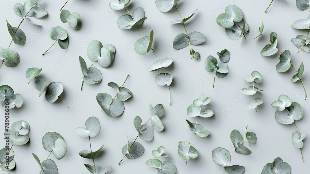 Poster Eucalyptus leaves on pastel gray background Pattern made of eucalyptus branches Flat lay top view copy space : Generative AI