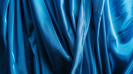 Closeup view of bright blue curtain in thin and thick vertical folds made of dense fabric Textured abstract backgrounds and wallpapers Materials and textiles : Generative AI - obrazy, fototapety, plakaty