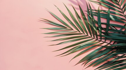 Fototapeta premium Tropical palm leaves on pink background Minimal nature summer concept Flat lay : Generative AI