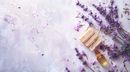 Handmade soap and oils with lavender flowers Health and selfcare Essential fragrance aromatherapy Natural background Top view copy space flat lay Natural cosmetic : Generative AI