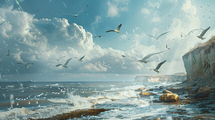 Seagulls by the sea shore on a windy day - obrazy, fototapety, plakaty