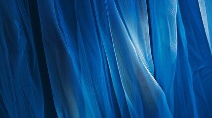 Closeup view of bright blue curtain in thin and thick vertical folds made of dense fabric Textured abstract backgrounds and wallpapers Materials and textiles : Generative AI