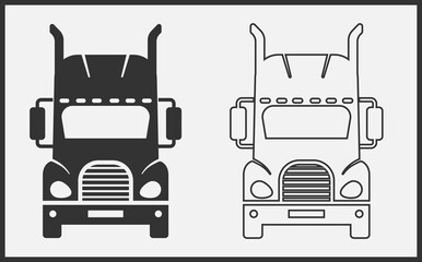 Truck icon front view. Black on White Background. Vector Illustration.