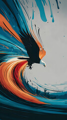 Eagle dives through paint explosion. Sharp wings tear colors - relentless hunt. Dripping paint mimics rushing wings, raw power unleashed. Landscape blurs in its wake. (phone screen)