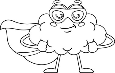 Outlined SuperHero Brain Cartoon Character. Vector Hand Drawn Illustration Isolated On Transparent Background
